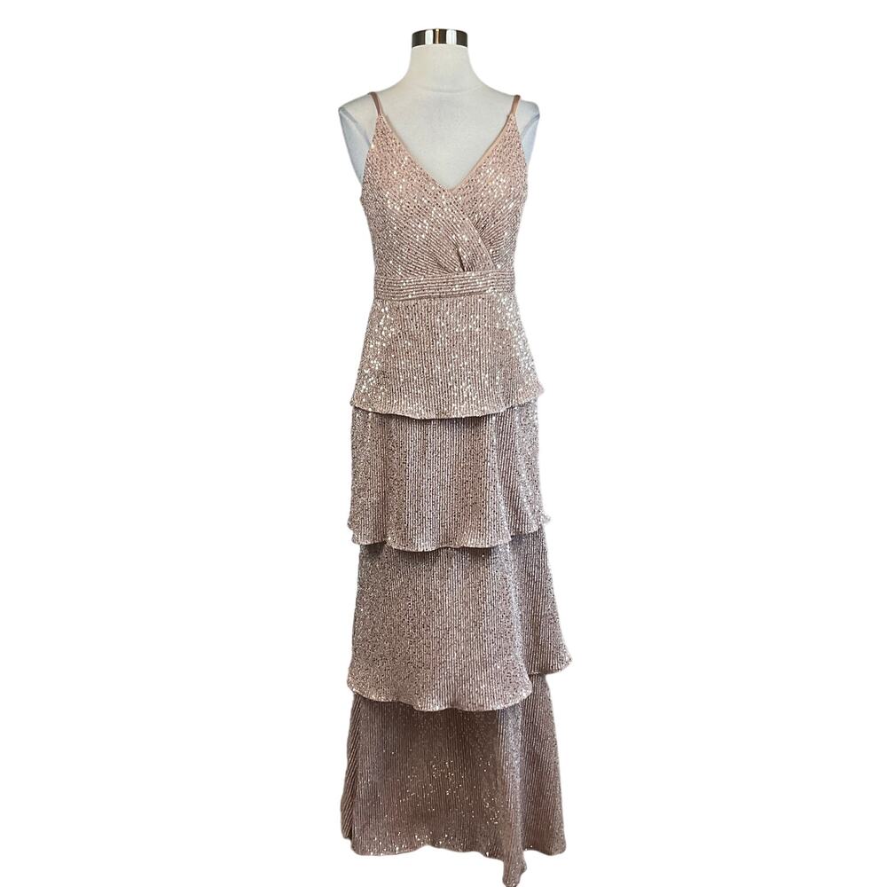 AQUA Rose Gold Pink Evening Gown Sequined Tiered Ruffle A-Line Dress Size 4 - Picture 2 of 11